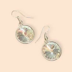 Silver Tone Round Crystal Disc Drop Earrings with Faceted Clear Stones